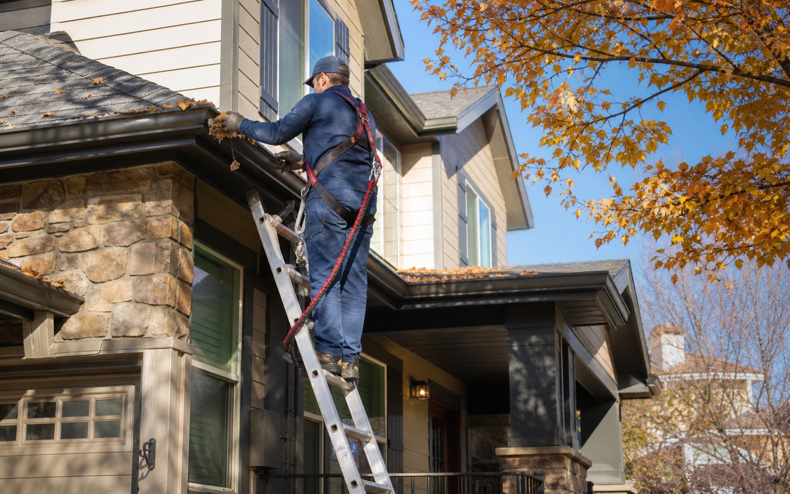 Representative view of a worker safely clearing leaves and debris from a home's rain gutters