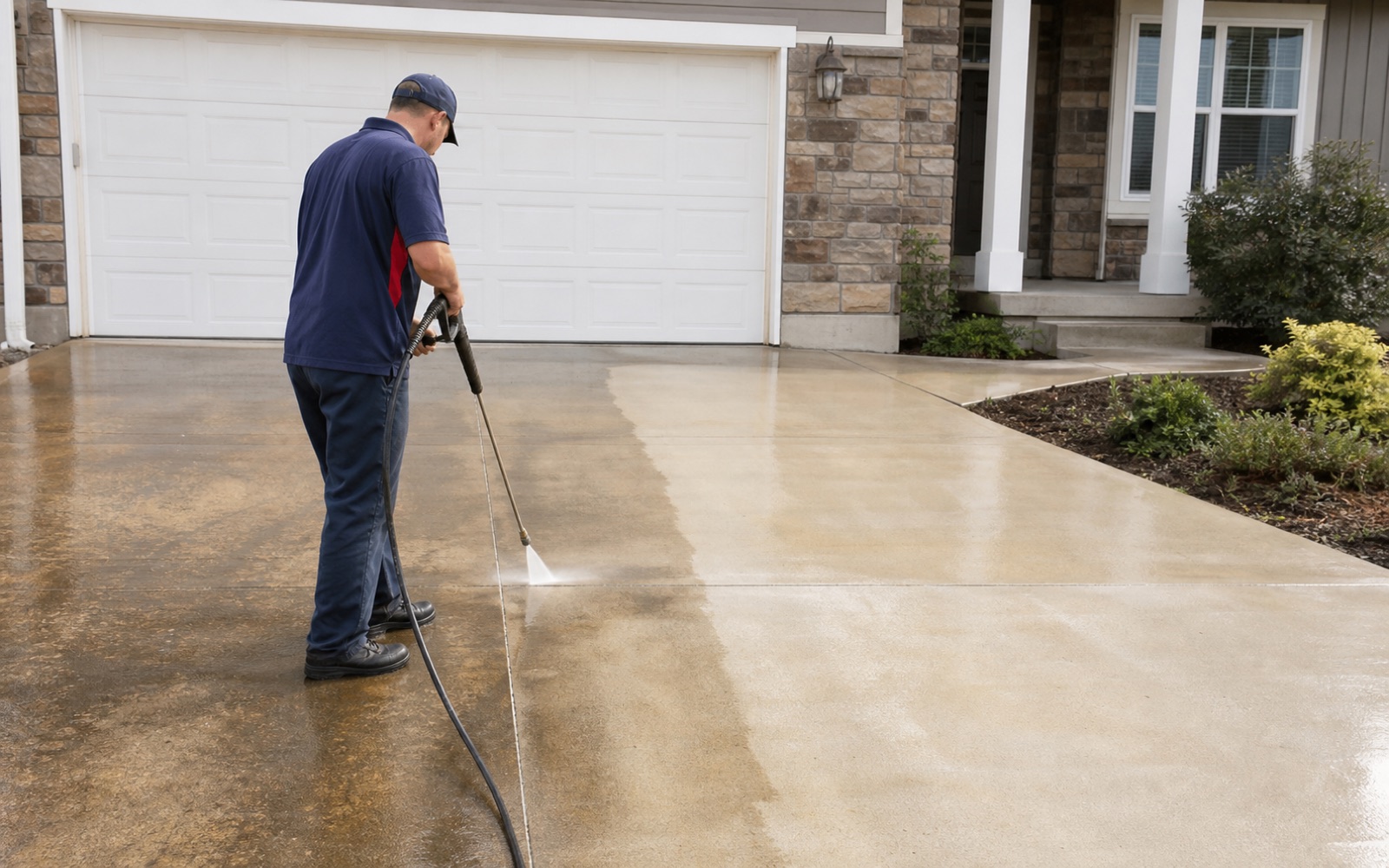 Representative view of power washing a concrete driveway, half cleaned and half still weathered