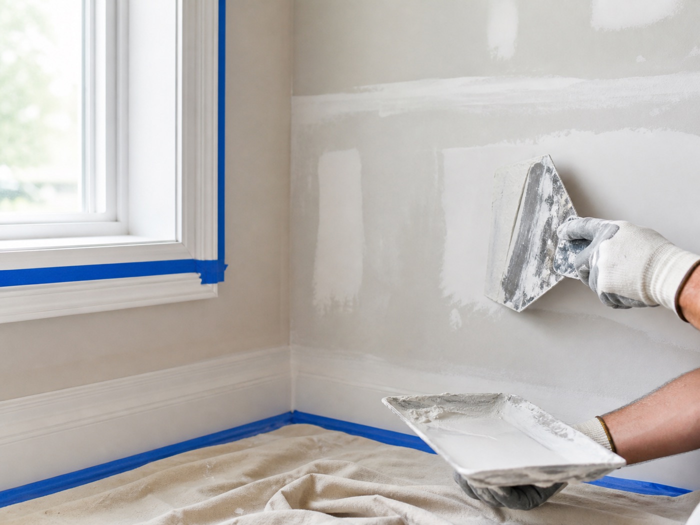 Representative close-up of surface preparation: patched and sanded wall with masking tape applied